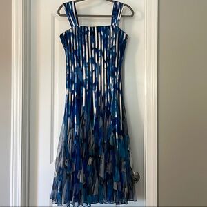 Blue and White Pleated Midi Sundress for Wedding Guest